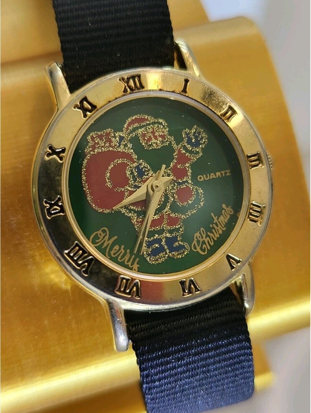 Vtg Santa Claus Merry Christmas Watch Quartz Goldtone EUC New Battery Works!